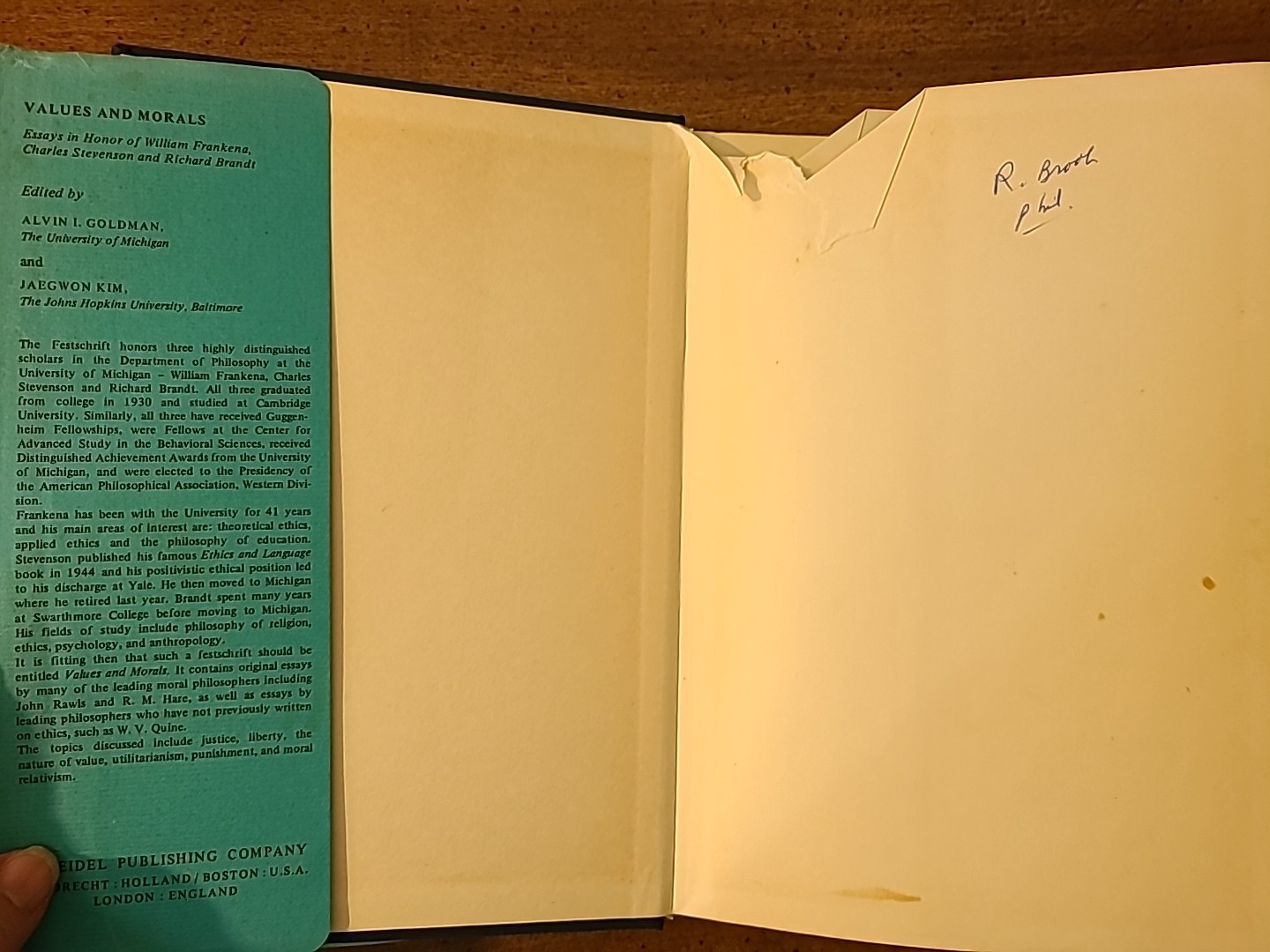 Values And Morals Philosophical Studies #13 HC 1st Ed. 1978