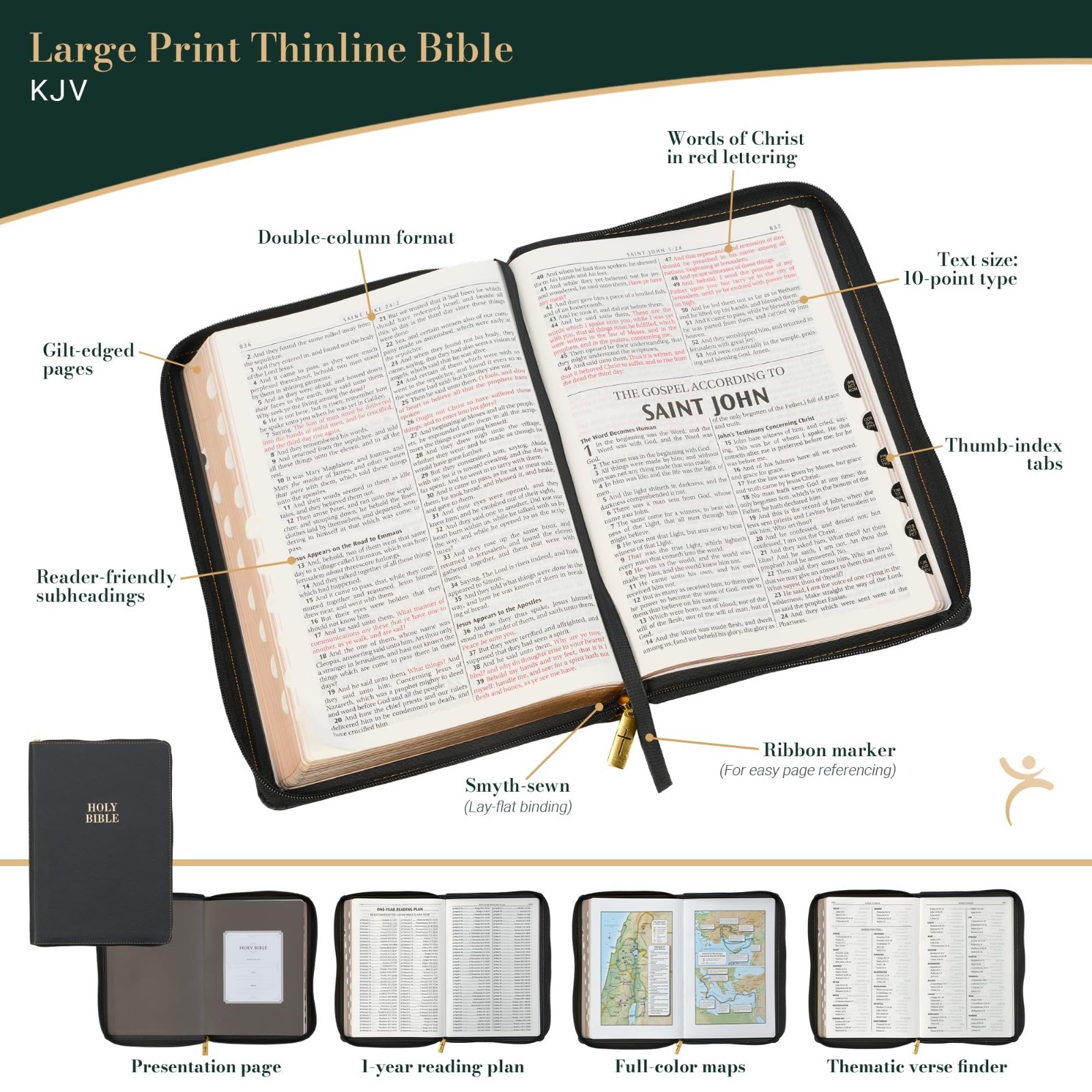 King James Version Holy Bible Large Print Thumb Index Ribbon Marker Black New US