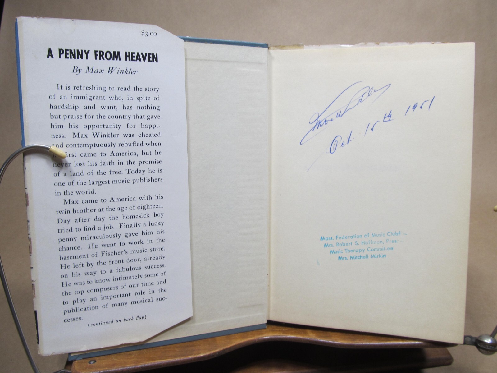 A Penny from Heaven by Max Winkler New York 1951 Signed by author