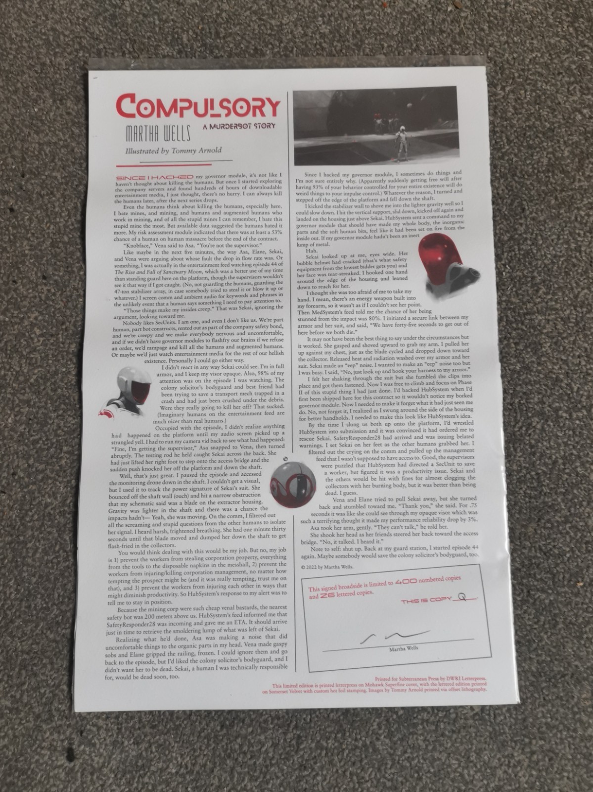 Compulsory – Martha Wells – Signed Letterpress, Murderbot, Subterranean Press