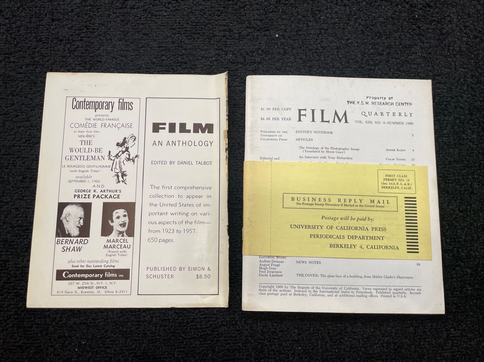 RARE Vintage 1960/1962 Lot Of 3 Film Quarterly Journals UC Press – V10