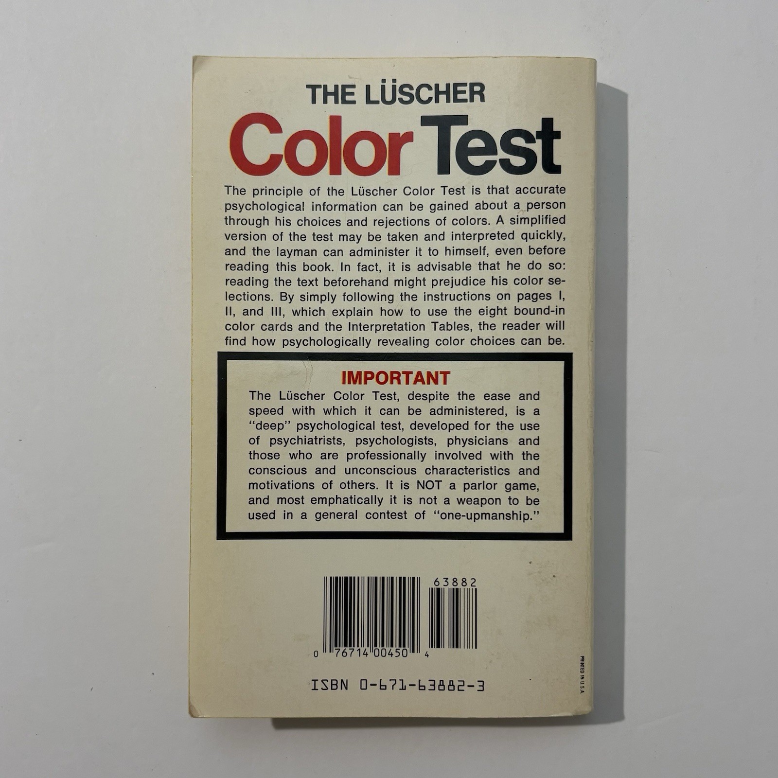 The Luscher Color Test Max Luscher 1971 Paperback – 8 Original Color Cards