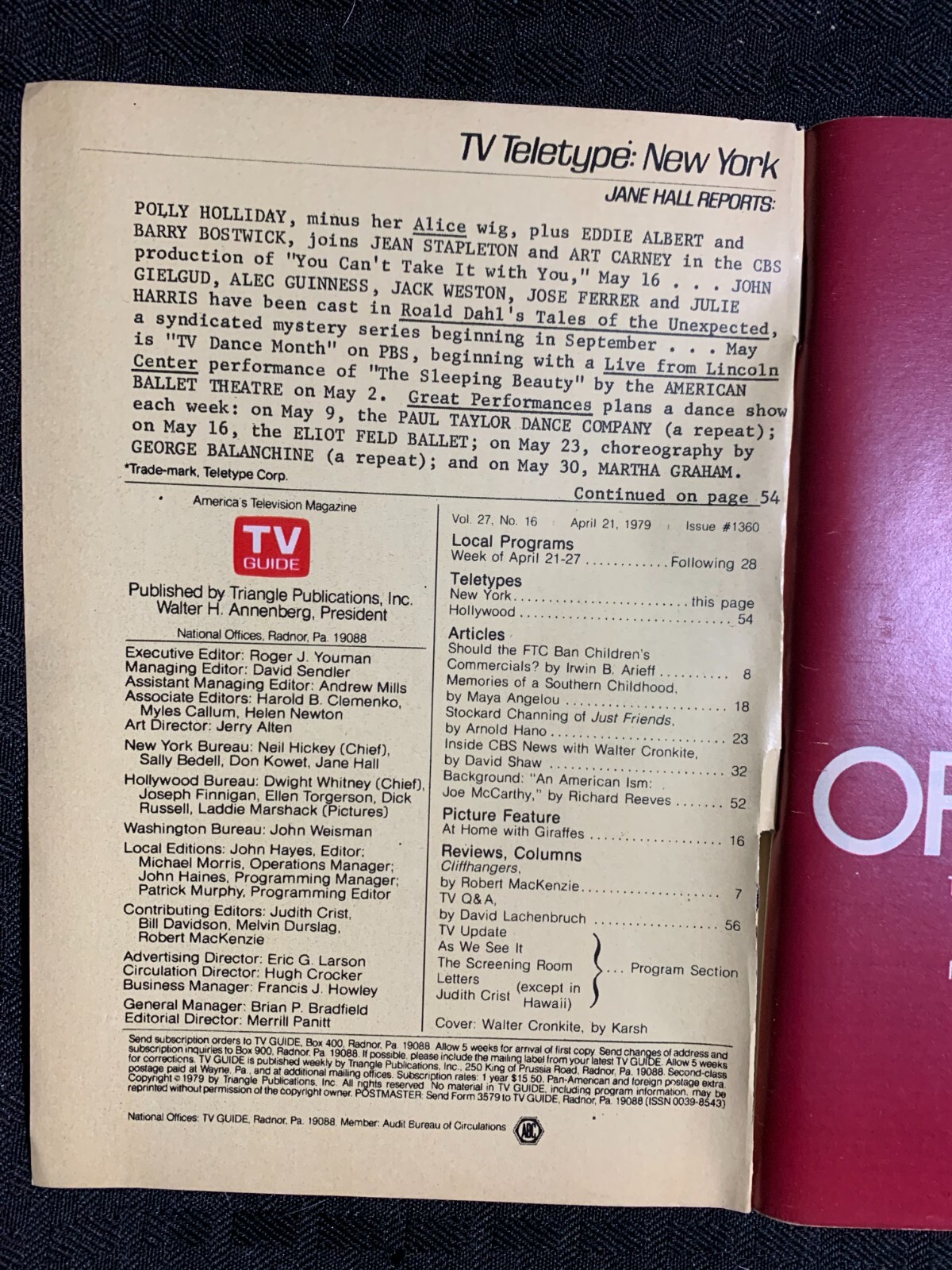 1979 April 21-27 TV GUIDE Magazine FN 6.0 Walter Cronkite Inside CBS News