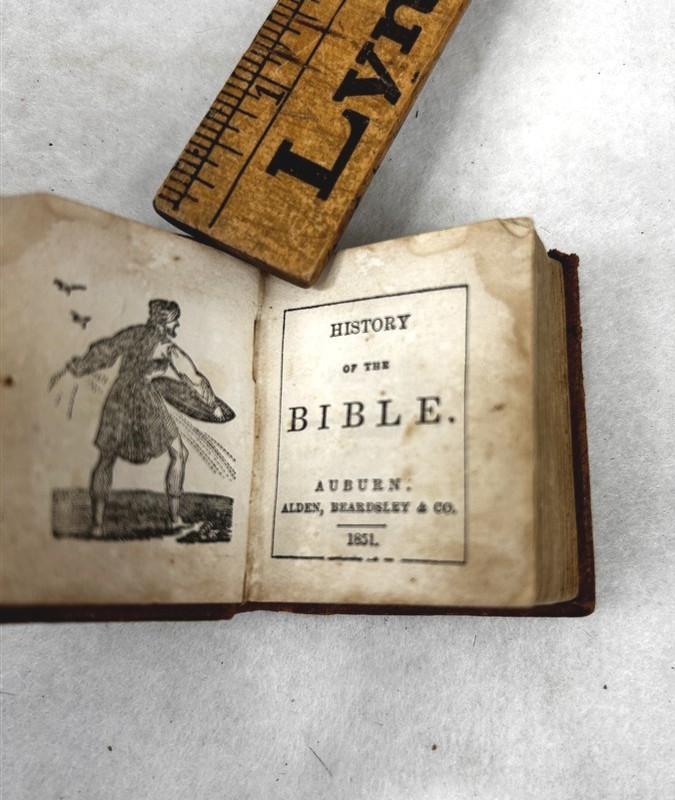 antique 1851 miniature book leather 2 x 2 History of the Bible 23 illustrations