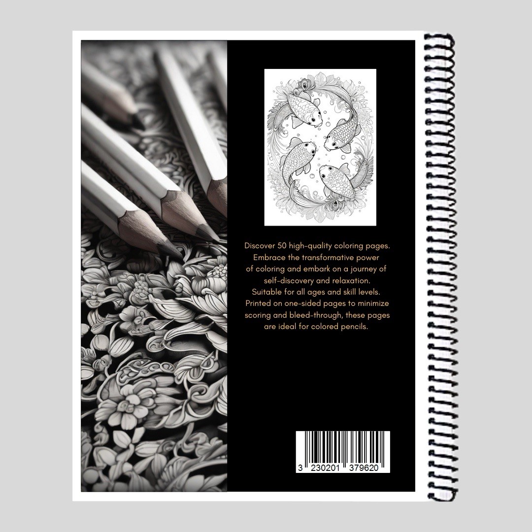 Koi – Spiral Bound Adult Coloring Book – Thick Artist Paper – 50 pages