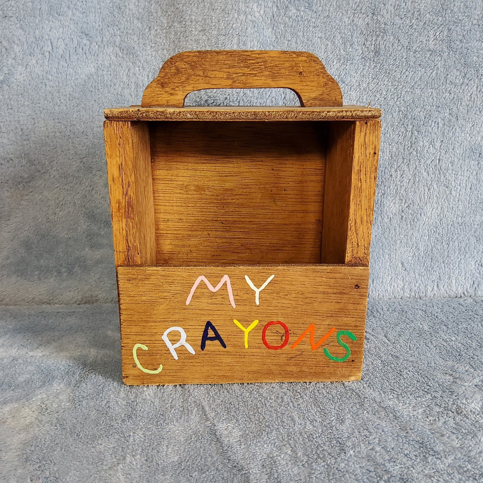 Vintage Hand-Painted Wooden “MY CRAYONS” Storage Caddy Tote Nostalgia Kids Toy