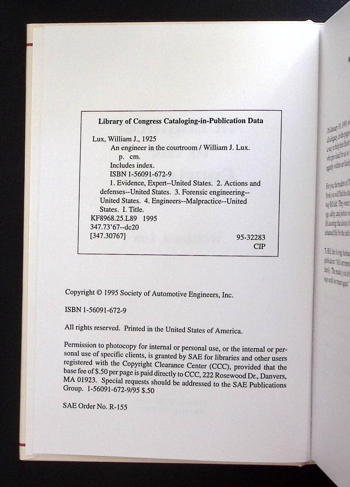 AN ENGINEER IN THE COURTROOM WILLIAM J. LUX HARDBACK EXCELLENT B97