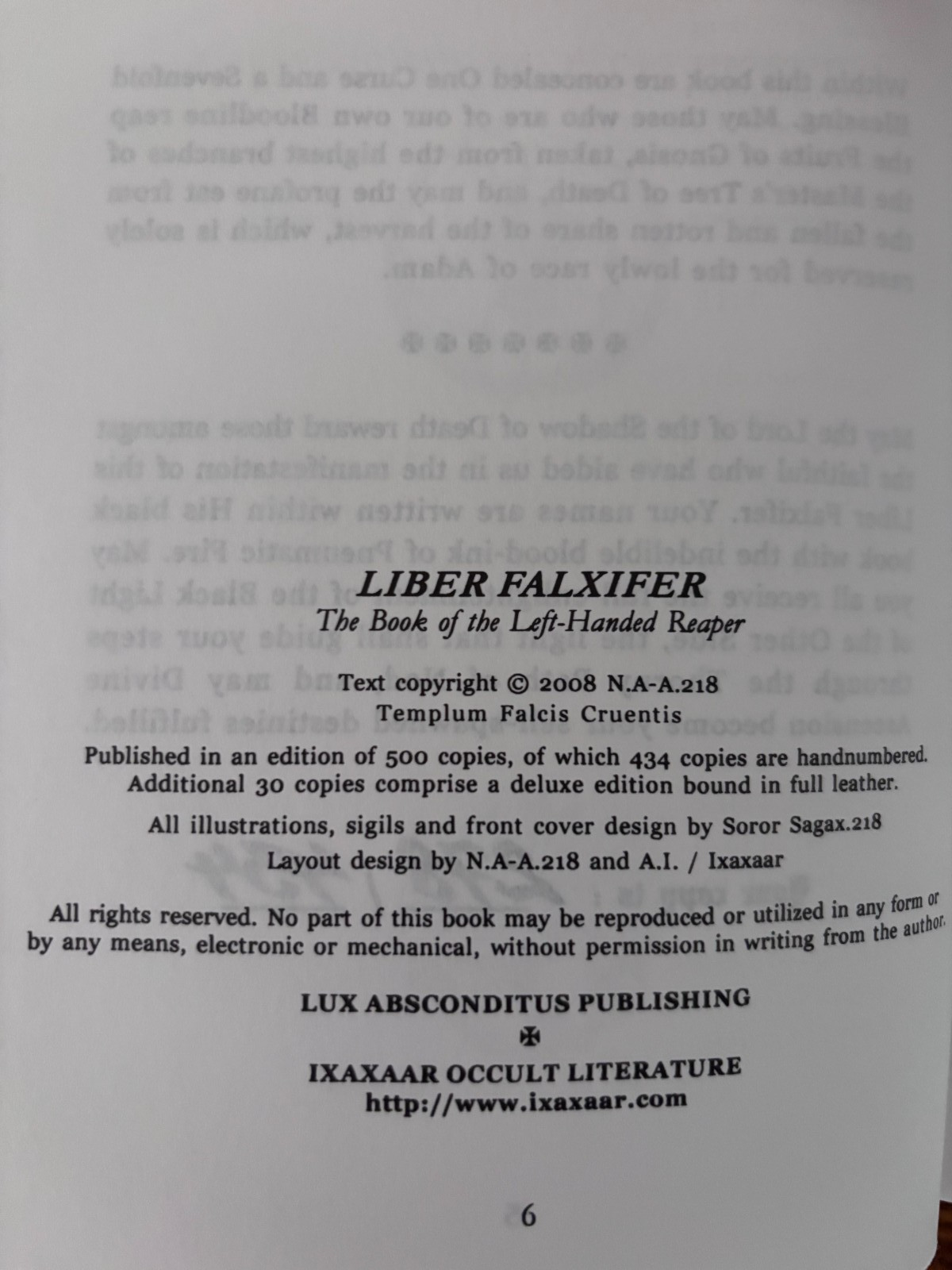 Liber Falxifer Ixaxaar N.A-A.218 Book Of The Left Hand Reaper #278/434 LHP HC
