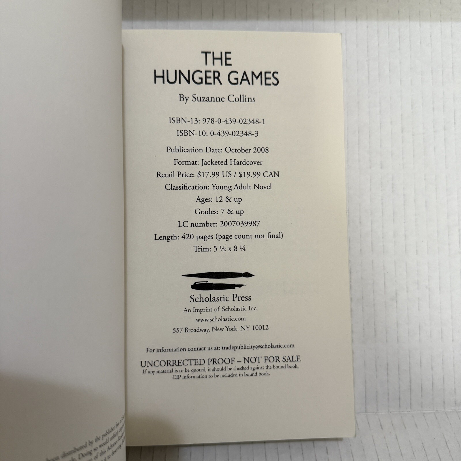 Suzanne Collins / The Hunger Games 1st Edition 2008 / Advanced Readers Copy ARC
