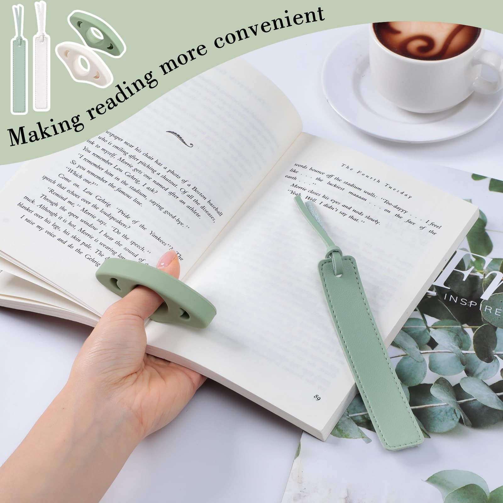 4Pcs Book Page Holder Set, 2Pcs Breathable 2.95 x 1.45 x 0.51in, Green+white