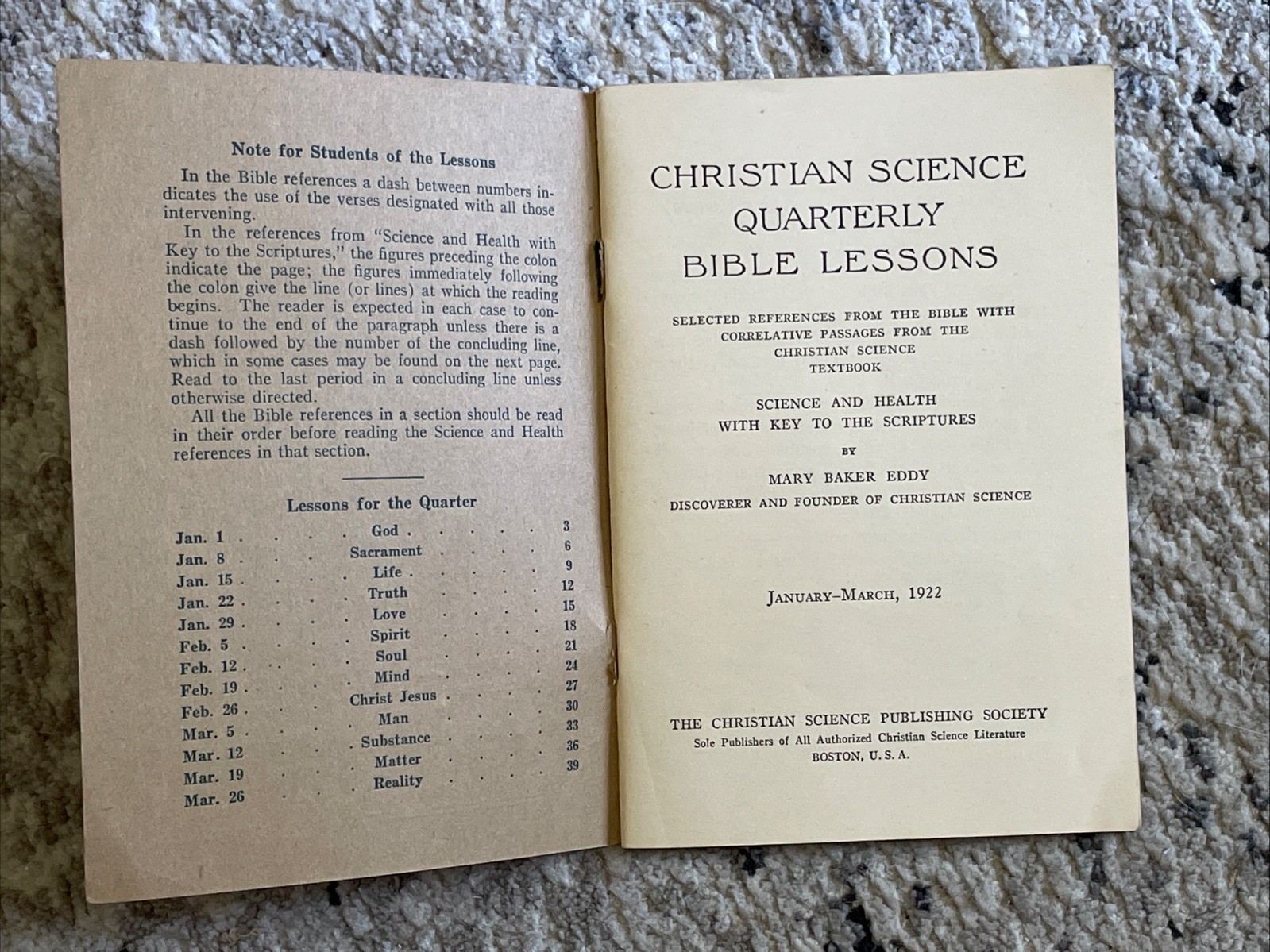 1922 Christian Science Quarterly Bible Lessons Paperback 6”x4” Staple Bound