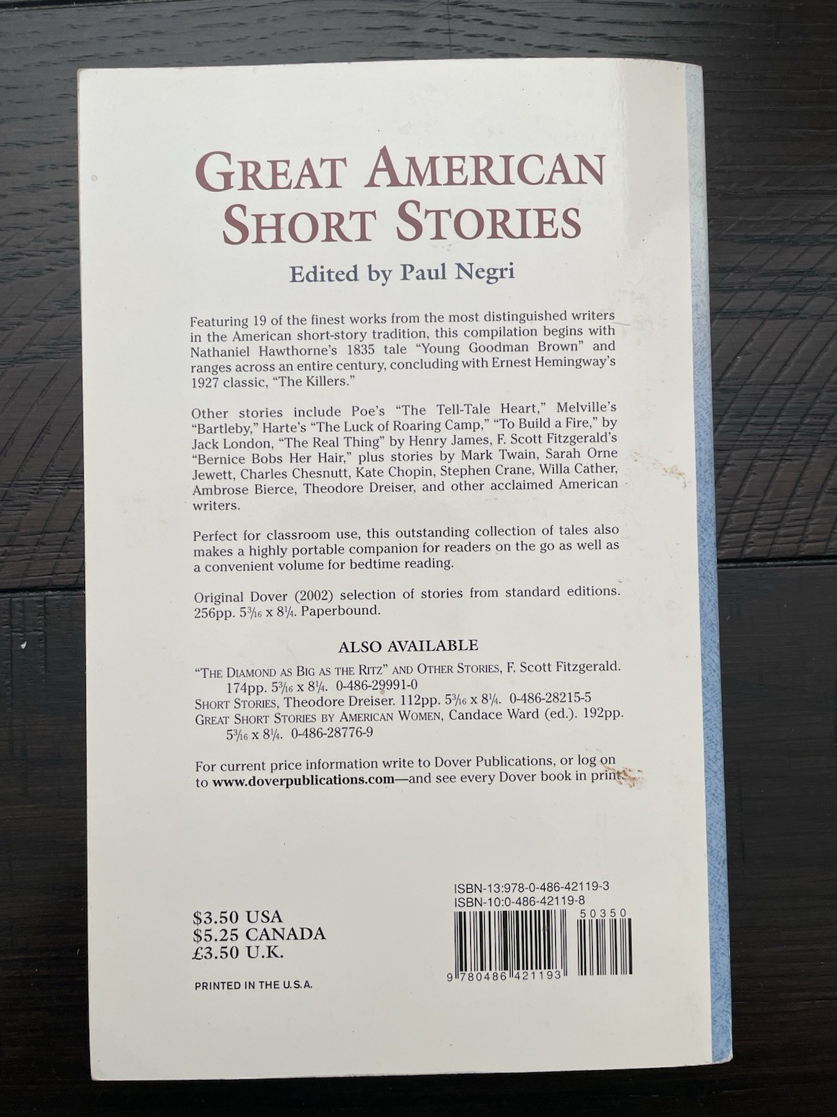 Great American Short Stories Edited By Paul Negri 2002 Dover Thrift Editions