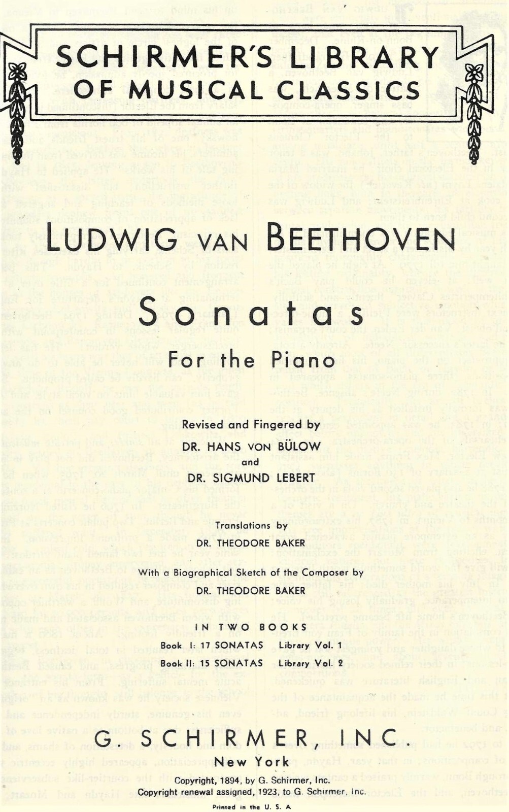 BEETHOVEN SONATAS-Bk. 1 (17 Sonatas) For The Piano Vol. I 341 pages Schirmer