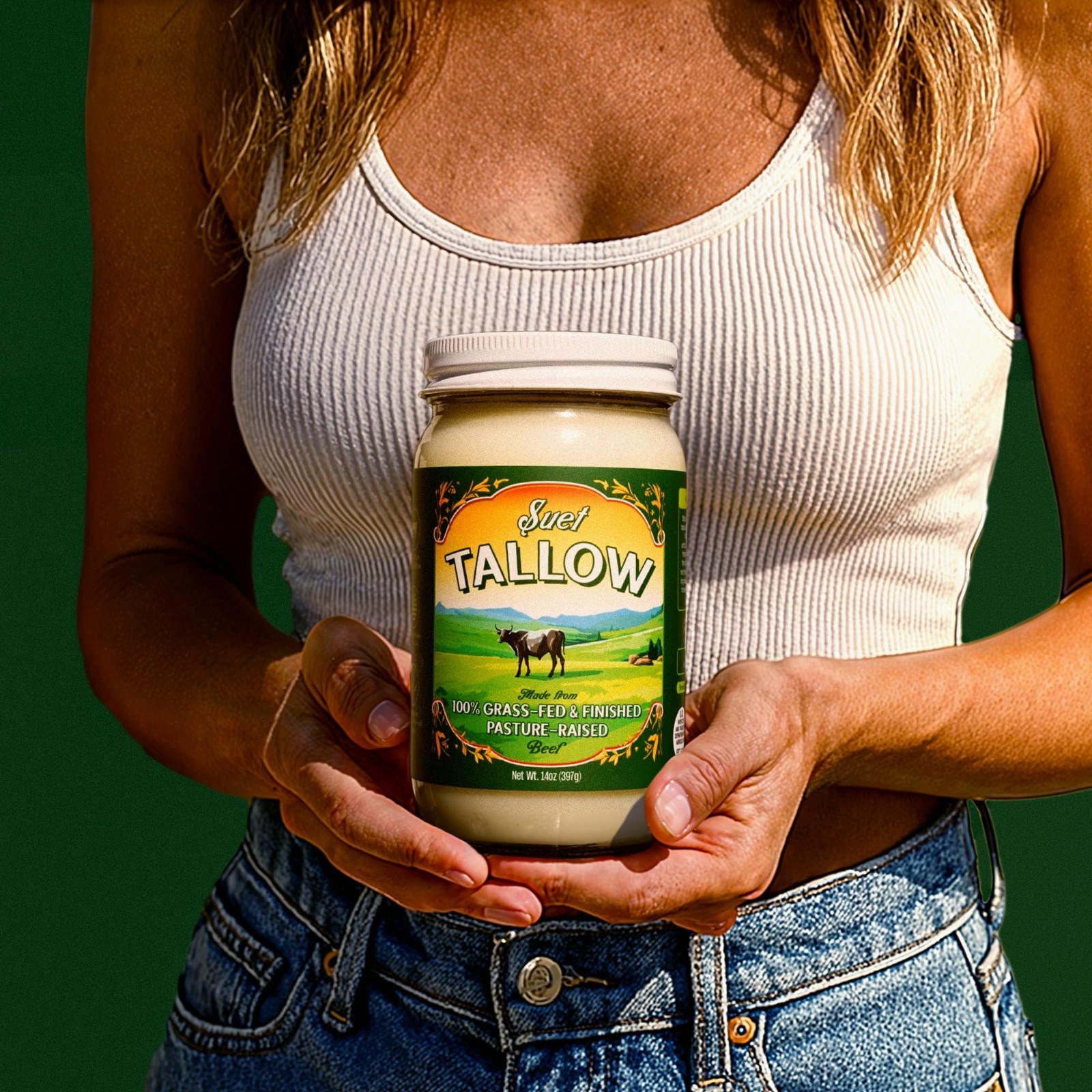 Grass-Fed Beef Tallow, Pasture Raised, Nutrient-Rich Suet, 14oz Glass Jar