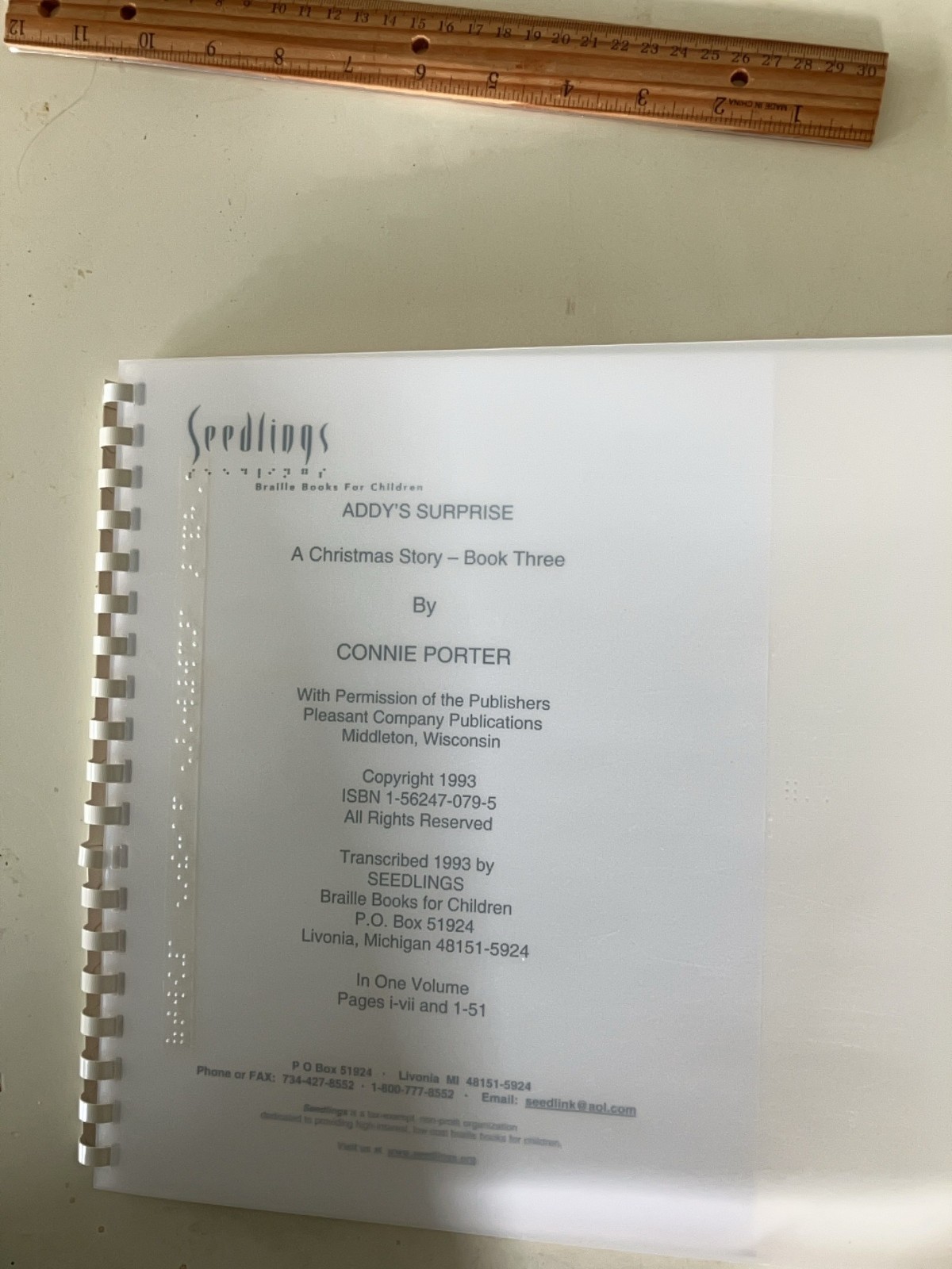 Braille Book: “Addy’s Surprise” Old Braille format