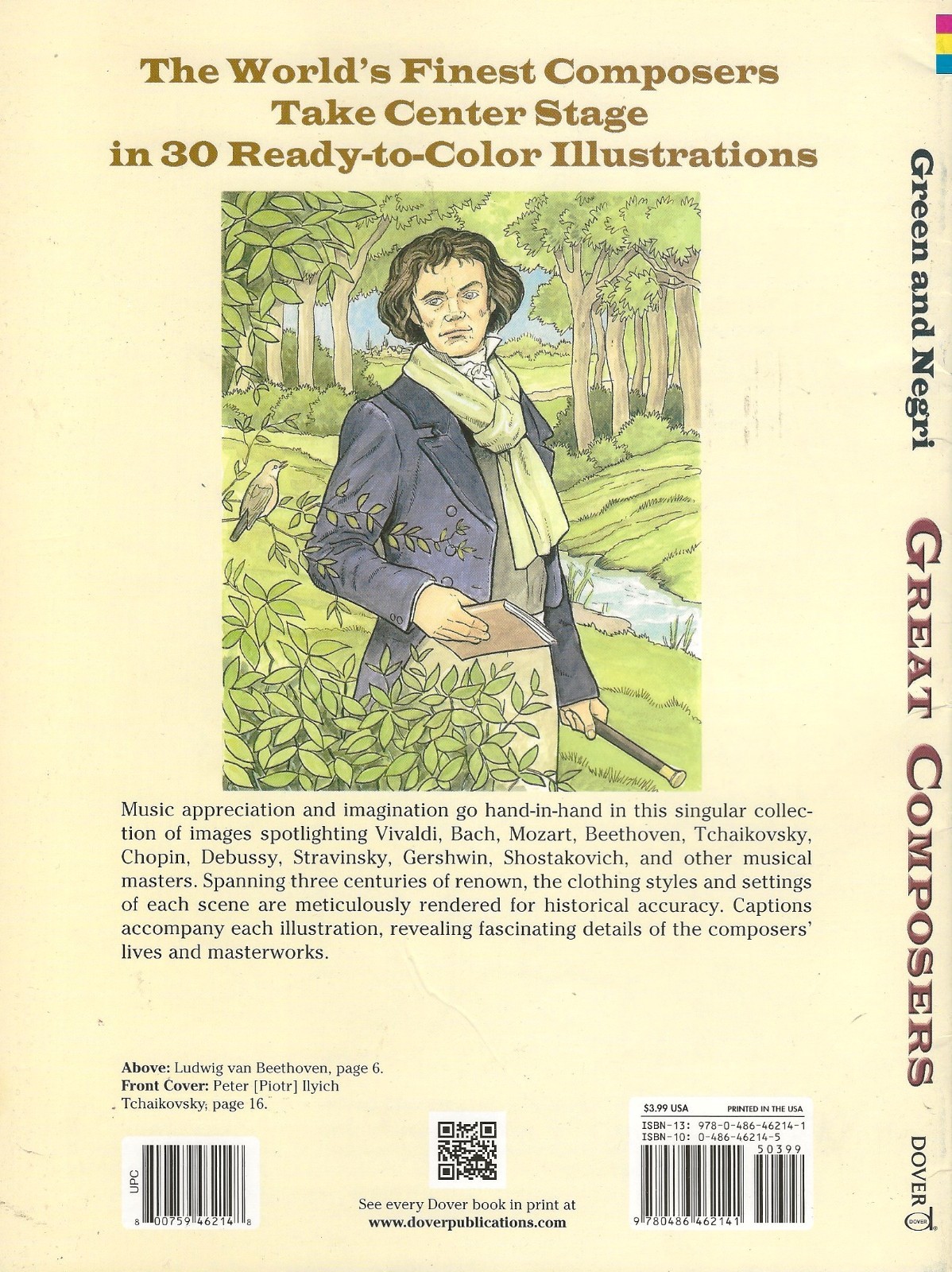 GREAT COMPOSERS-COLORING BOOK-NEW-DOVER PUBLICATIONS-JOHN GREEN-PAUL NEGRI