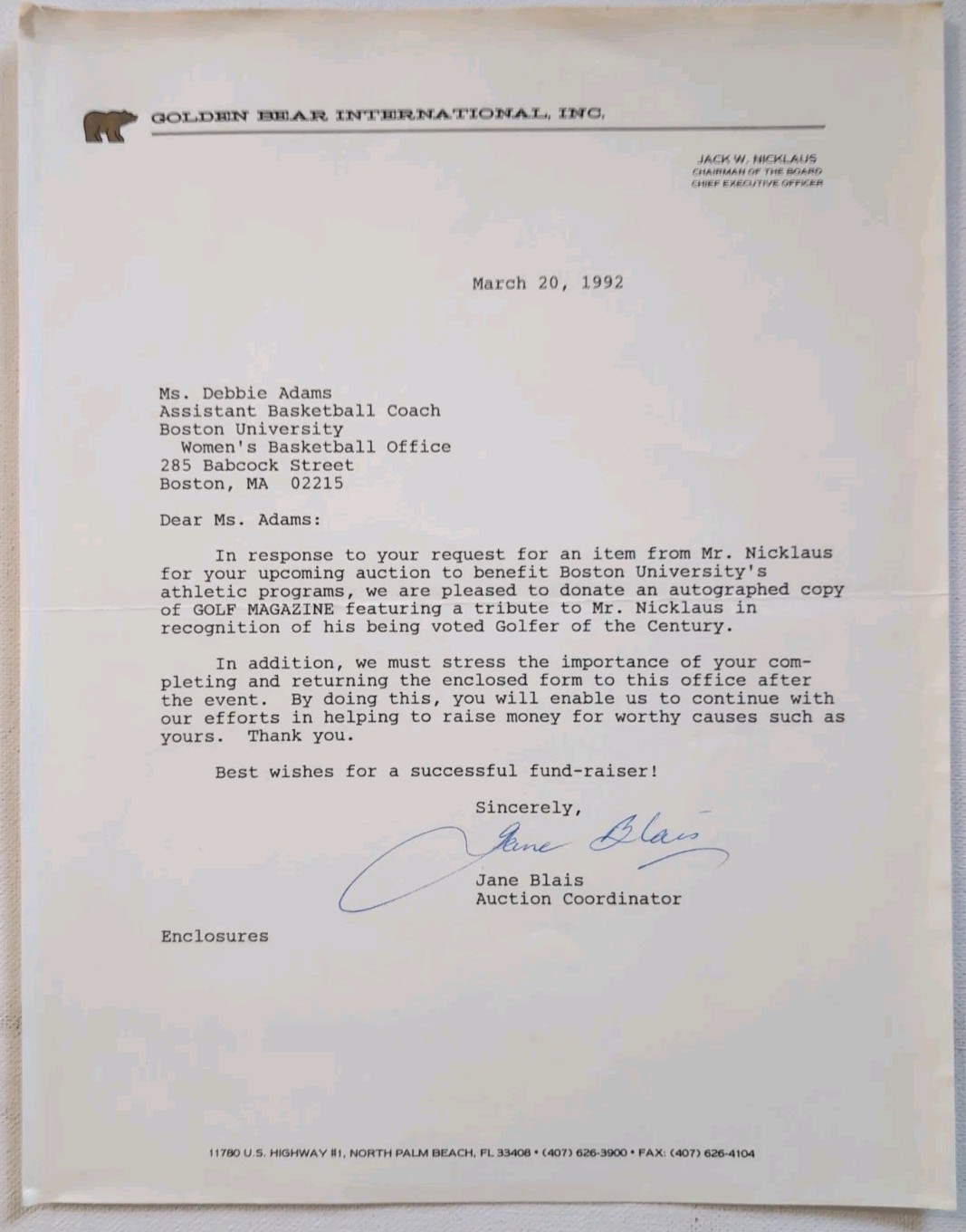 Golf Special Commemorative Edition 1988 Signed Autograph Jack Nicklaus w/Letter