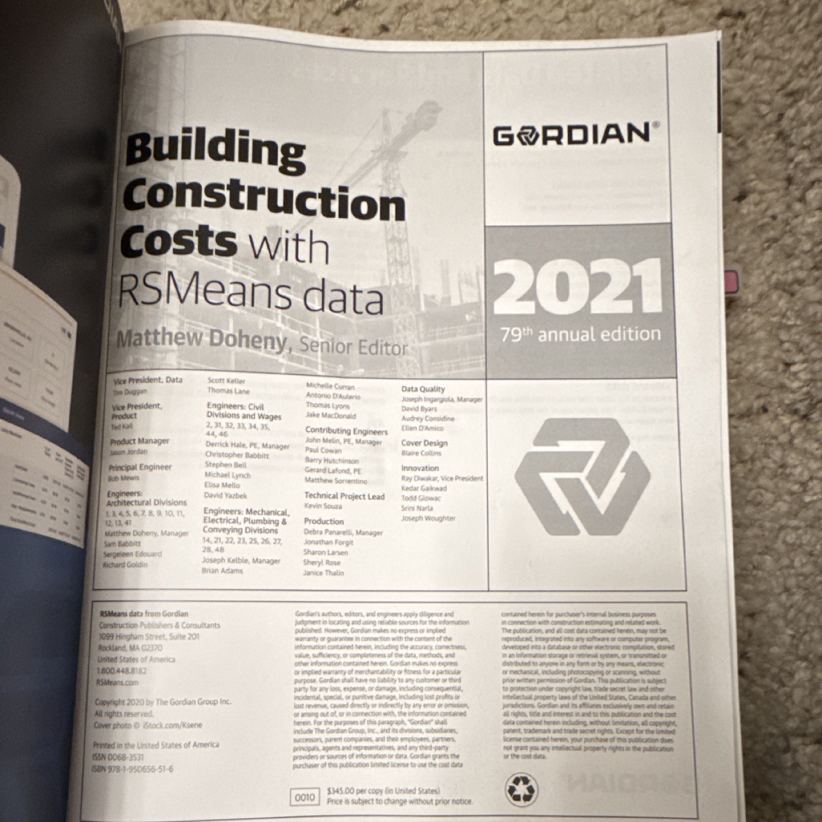Gordian Building Construction Costs RSMeans Data 2021 79th Annual Edition Book