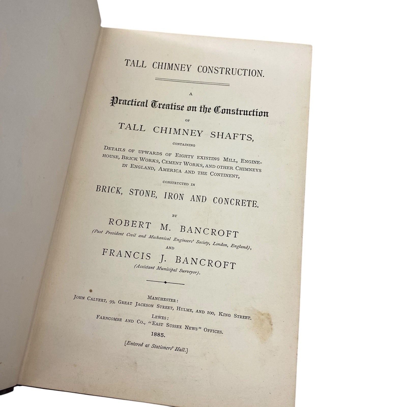 Antique Tall Chimney Construction Hard Cover Book 1885 Bancroft 9 Plates Rare