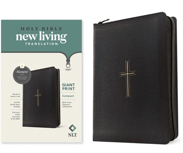 NLT Compact Giant Print Zipper Bible, Filament Enabled (Leatherlike, Black Cross