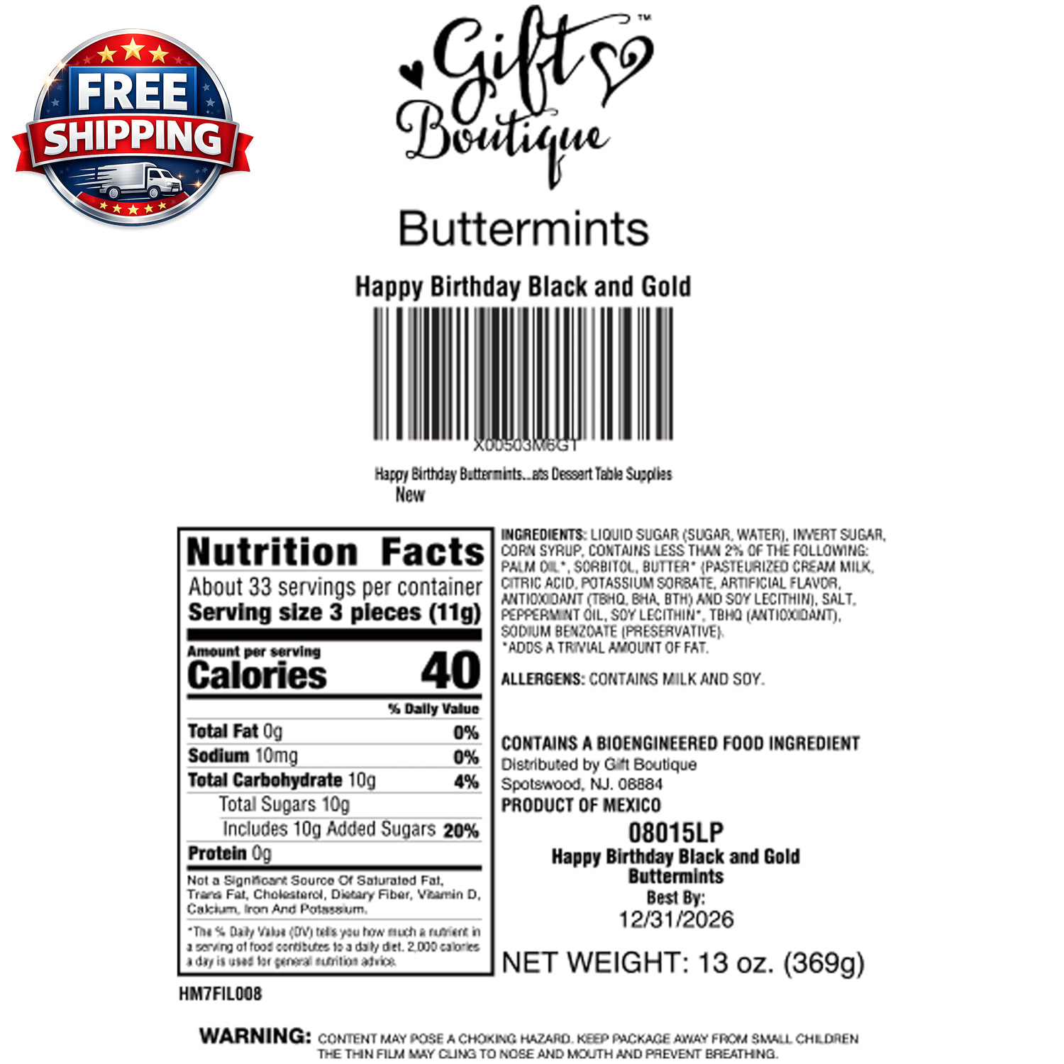 Happy Birthday Buttermints Candy 100 Count 13 Oz. Black and Gold Individually Wr