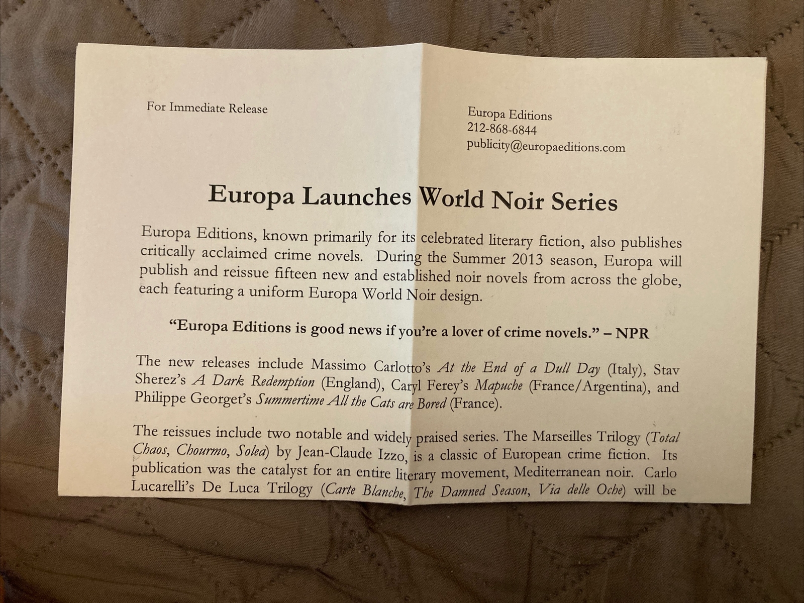 Noir Trade Pb, World Noir by Europa Editions, 2012, w/letter , NF