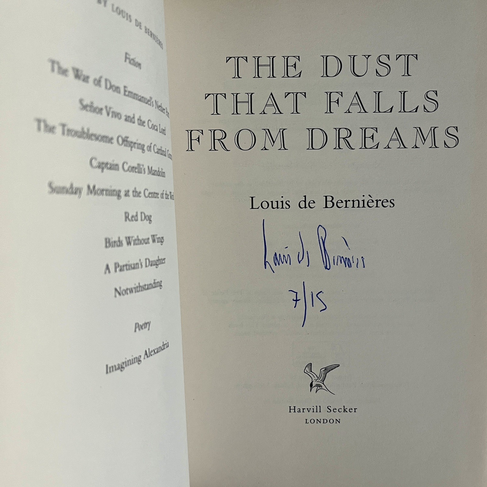 Signed 1st UK Ed/1st Print The Dust that Falls from Dreams by Louis de Bernieres
