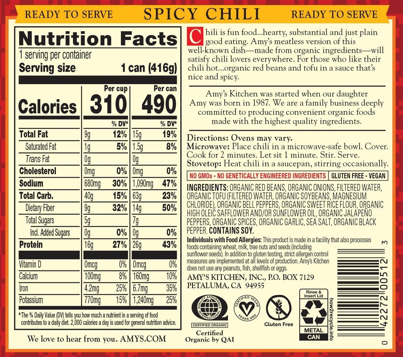 Amy’S Chili, Spicy, Gluten Free & Organic Vegetarian Chili, 14.7 Oz (6 Pack)