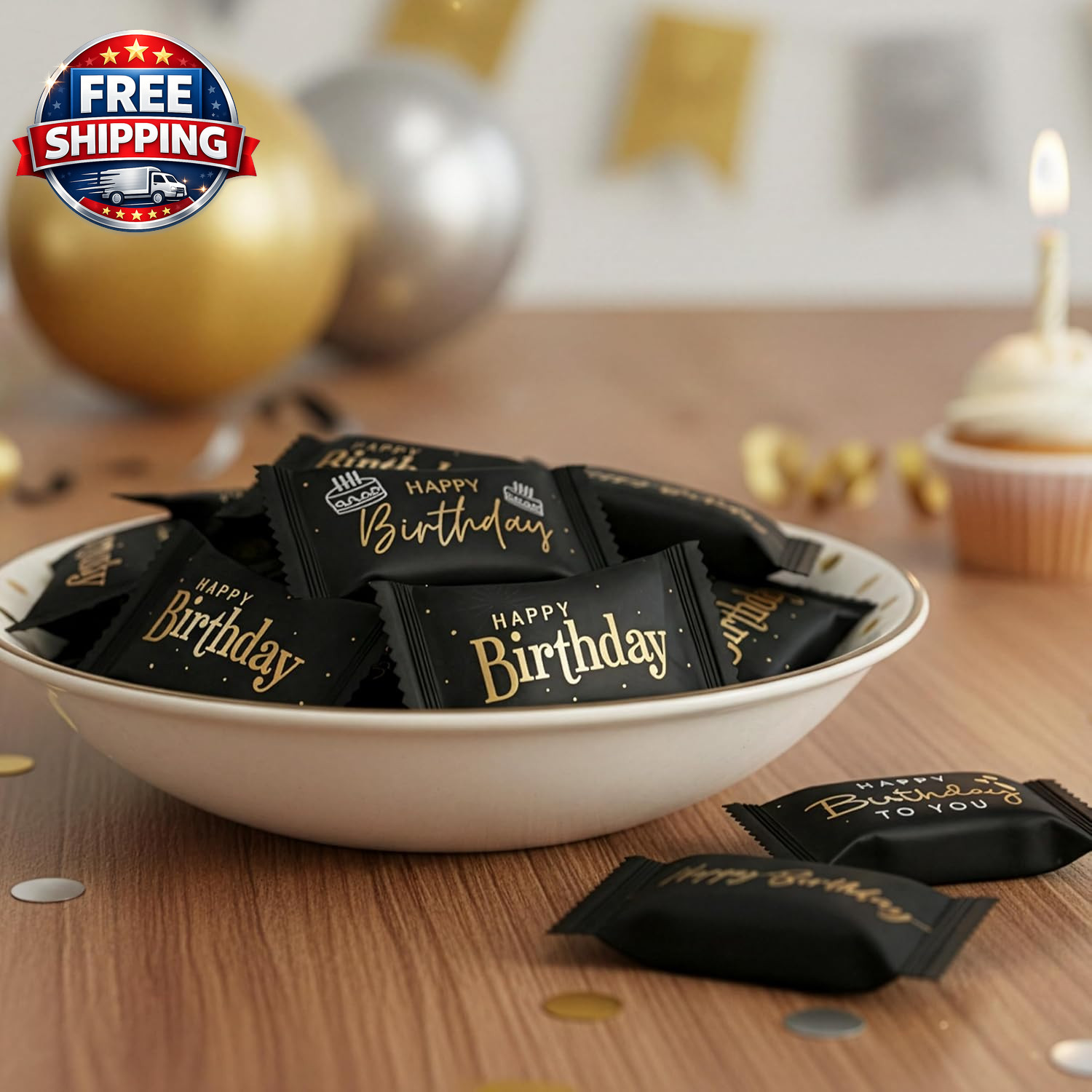 Happy Birthday Buttermints Candy 100 Count 13 Oz. Black and Gold Individually Wr