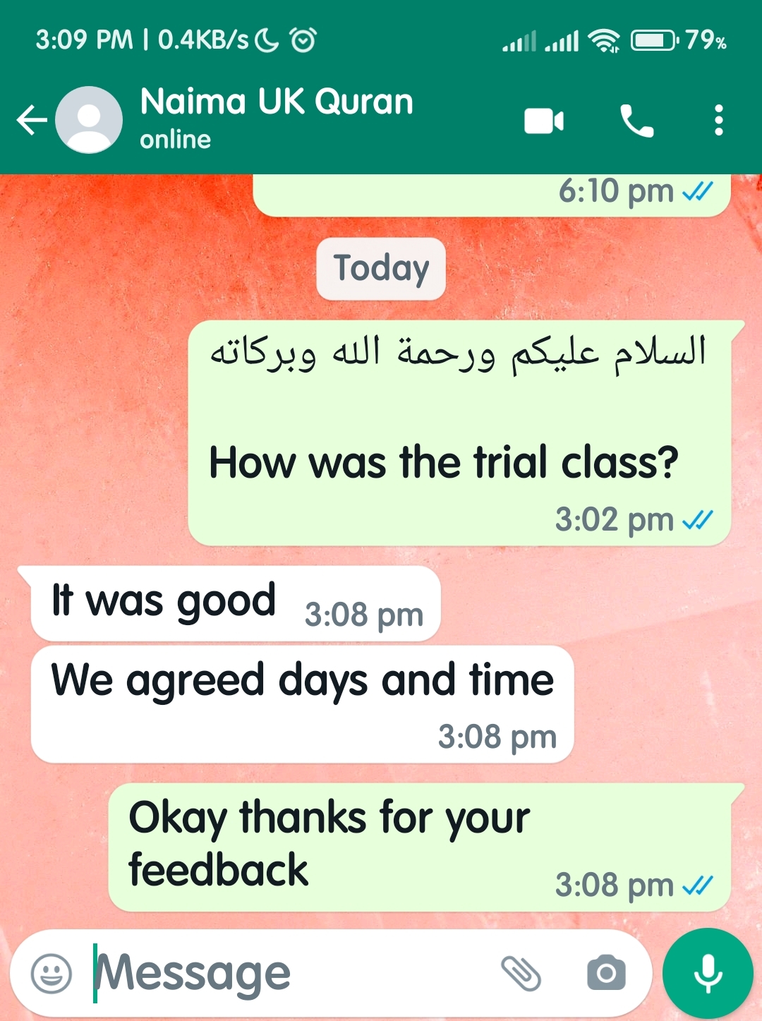 Mrs.Naima from UK about Mrs. Aisha's Quran Class on 07/04/2023